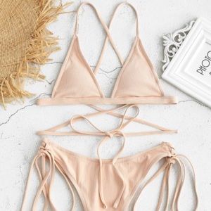 NWT Lace up ribbed high leg bikini set